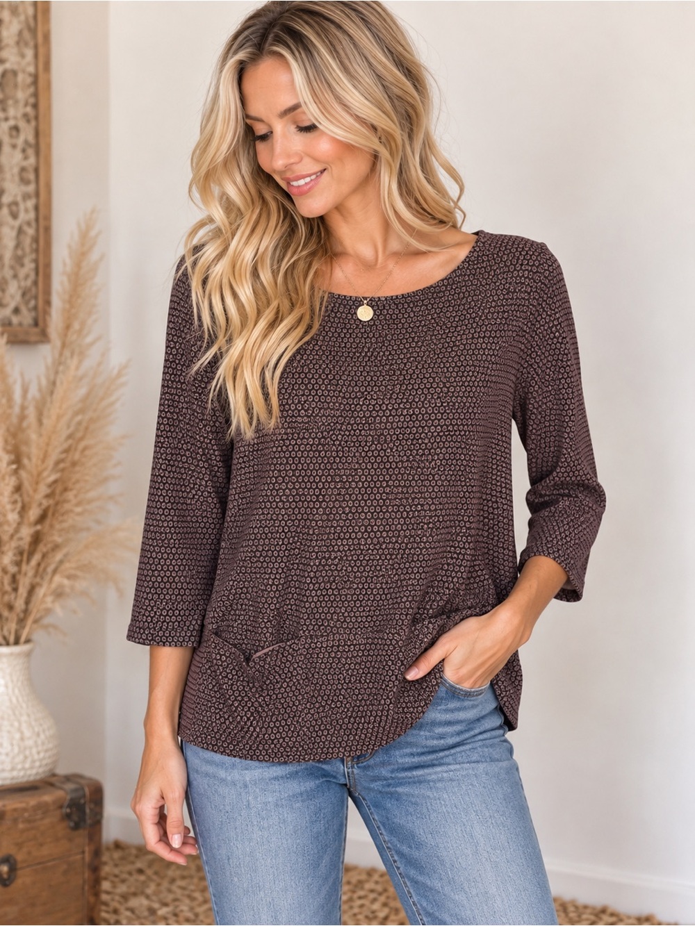 J. Jill Brown Printed Scoop Neck Pocket Top